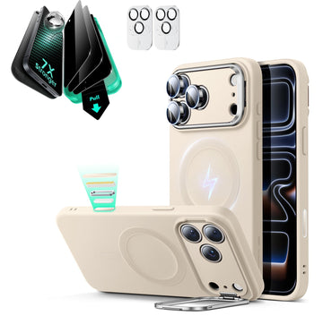 iPhone 17 Pro Max Silicone Magsafe Case with Stand & Armorite Privacy Screen Protector Bundle Light Tan