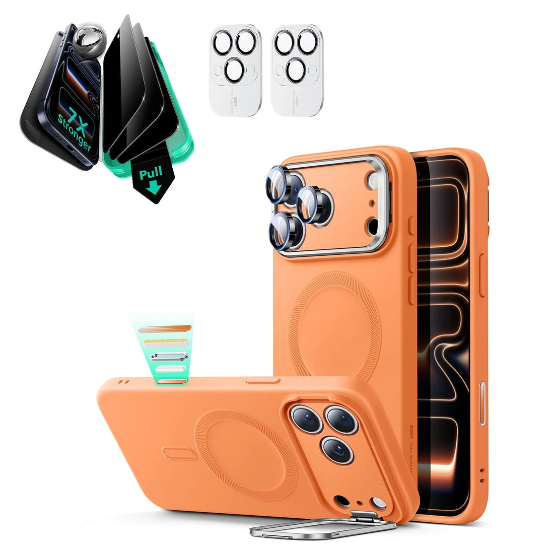 iPhone 17 Pro Max Cloud Soft Magsafe Case With Stand and Privacy Screen Protector Bundle Orange