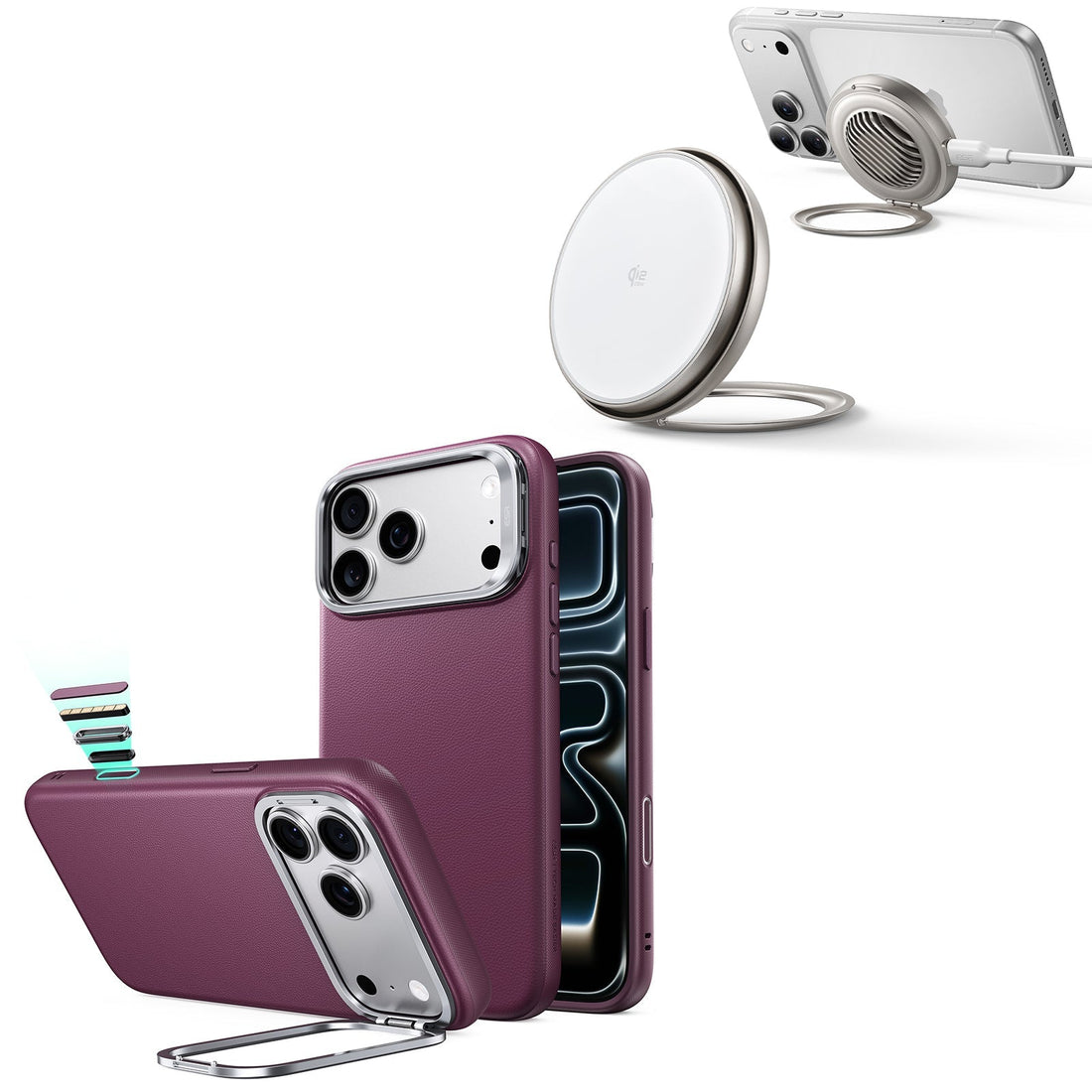 iPhone 18 Pro Atelier Silicone Leather Magnetic Case with Camera Control and Flex Stand, Plus Cyclone 25W Magnetic Charging Pad Bundle - Burgundy ESR ESR