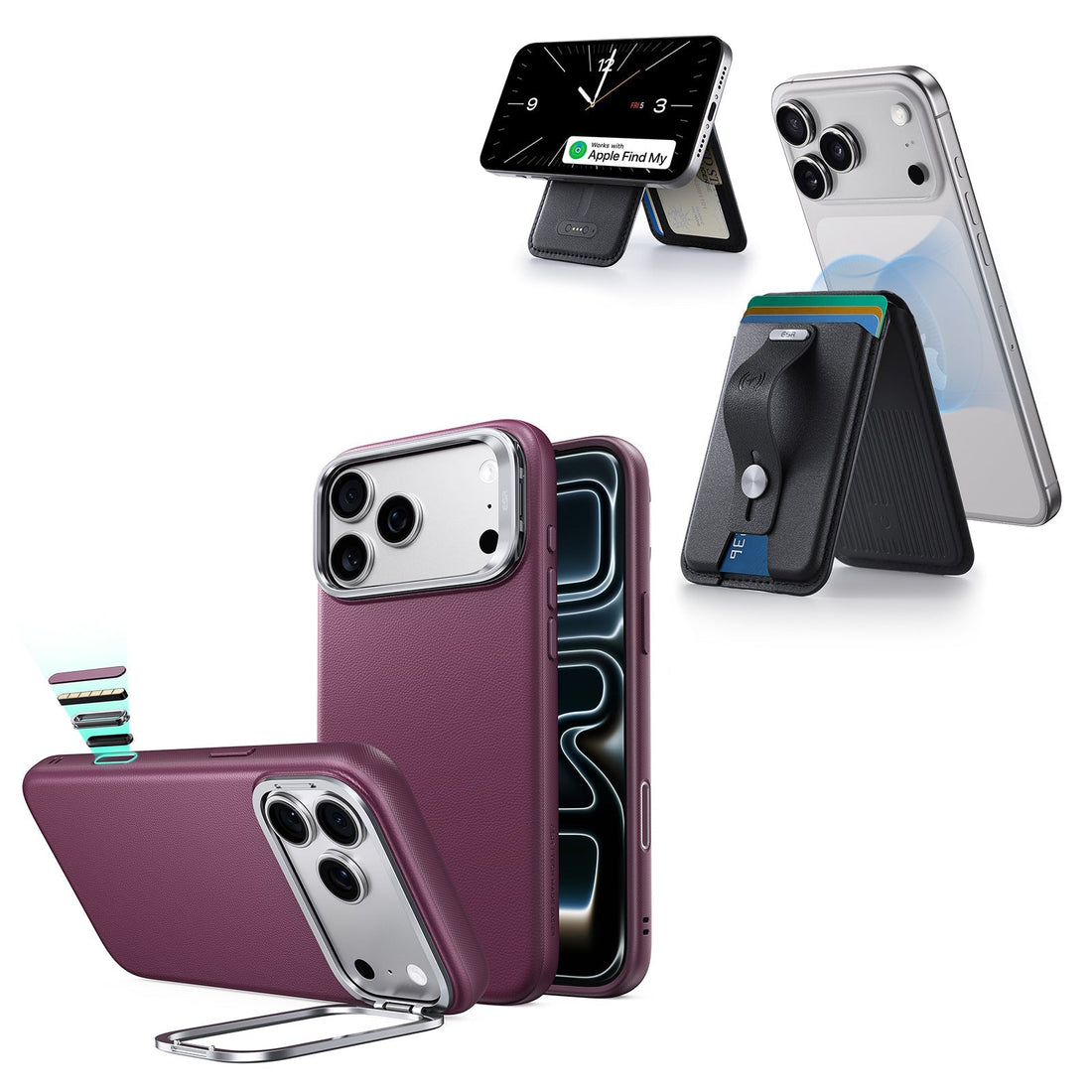 iPhone 18 Pro Atelier Vegan Leather Magnetic Case with Camera Control and Flex Stand, Plus Geo Wallet Stand Bundle - Burgundy