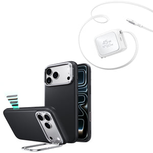 iPhone 18 Pro Atelier Silicone Leather Magnetic Case with Camera Control and Flex Stand, Plus Xtend 45W Retractable Charger Bundle - Black