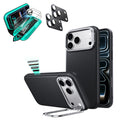 Black Vegan Leather iPhone 18 Pro Magsafe Phone Case with Stand pair tempered glass screen protector and camera lens protector