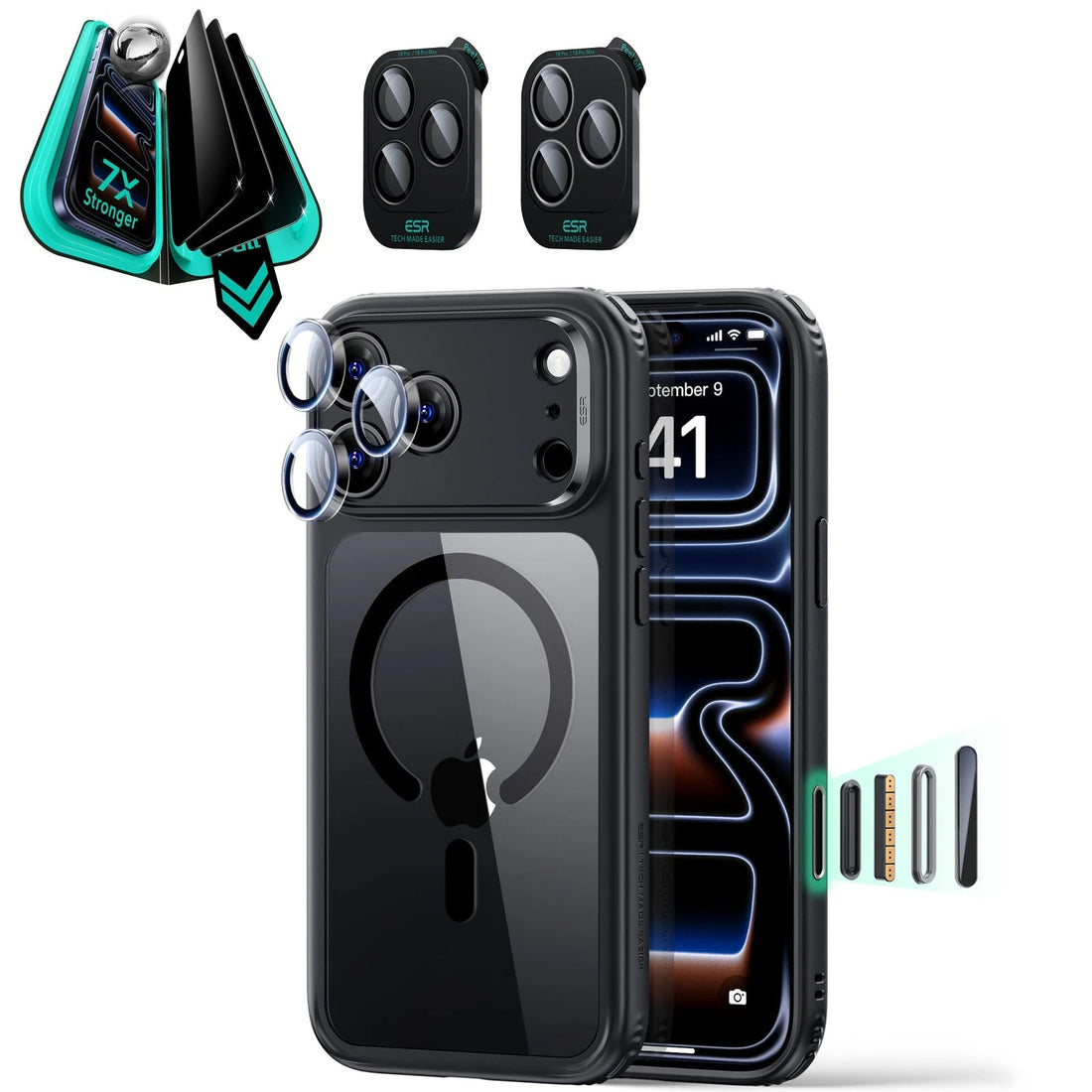 ESR Clear black iPhone 18 Pro Magsafe Slim Phone Case with armorite tempered glass privacy screen protector and camera lens protector