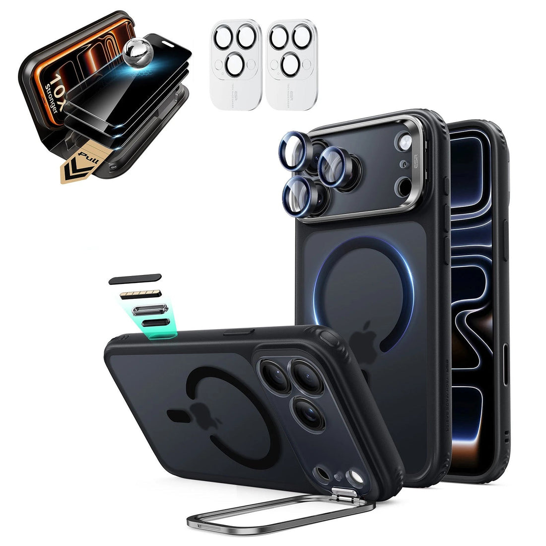 Frosted Black iPhone 18 Pro Magsafe Slim Phone Case with Stand pair corning privacy glass privacy screen protector and camera lens protector