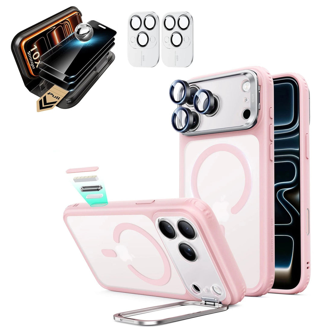 Frosted Bubblegum Pink iPhone 18 Pro Magsafe Slim Phone Case with Stand pair corning privacy glass privacy screen protector and camera lens protector