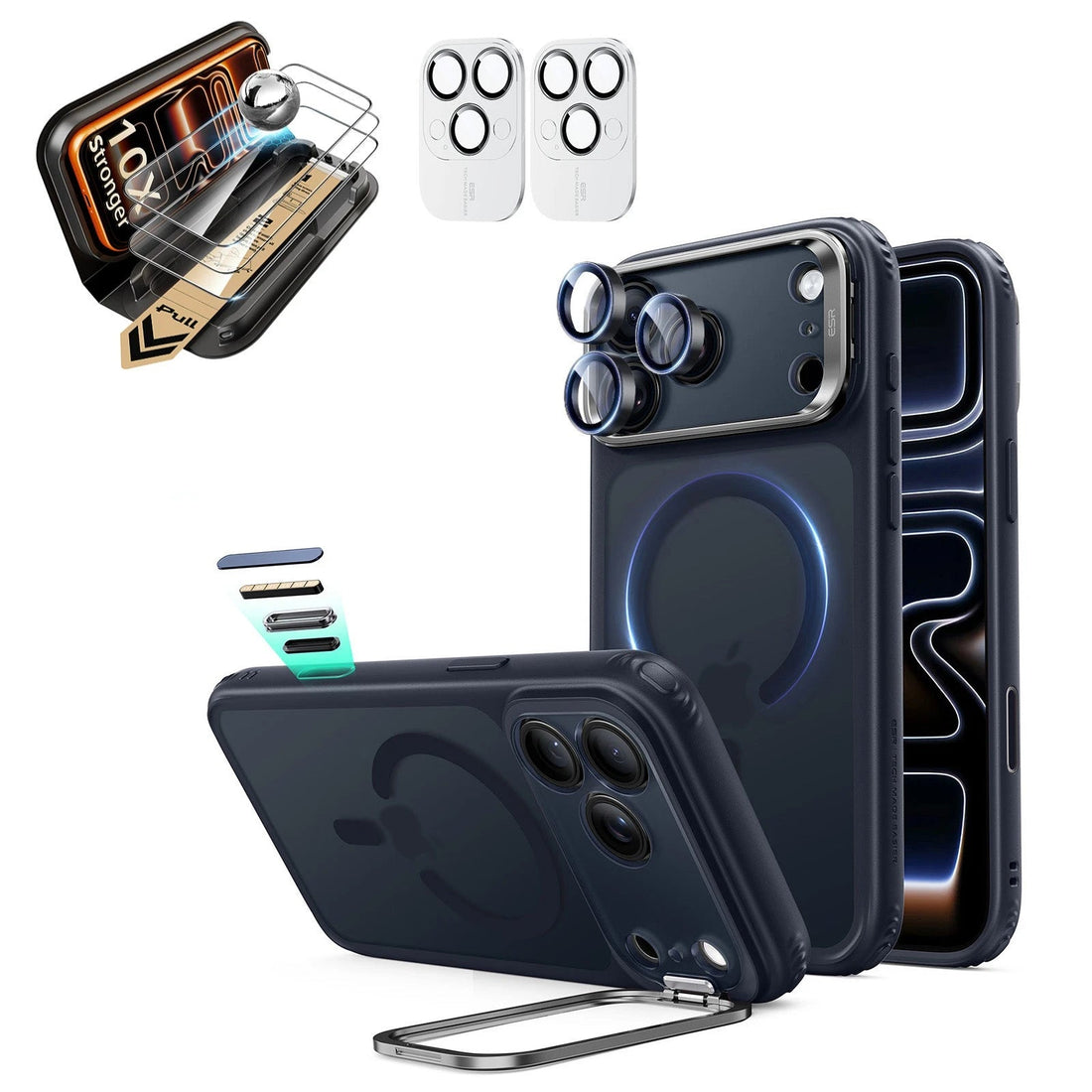 Frosted Blue iPhone 18 Pro Magsafe Slim Phone Case with Stand pair corning glass screen protector and camera lens protector