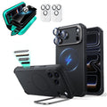 Black iPhone 18 Pro Cyebr Tough Magsafe Phone Case with Stand pair tempered glass privacy screen protector and camera lens protector