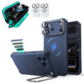 Blue iPhone 18 Pro Cyebr Tough Magsafe Phone Case with Stand pair tempered glass privacy screen protector and camera lens protector