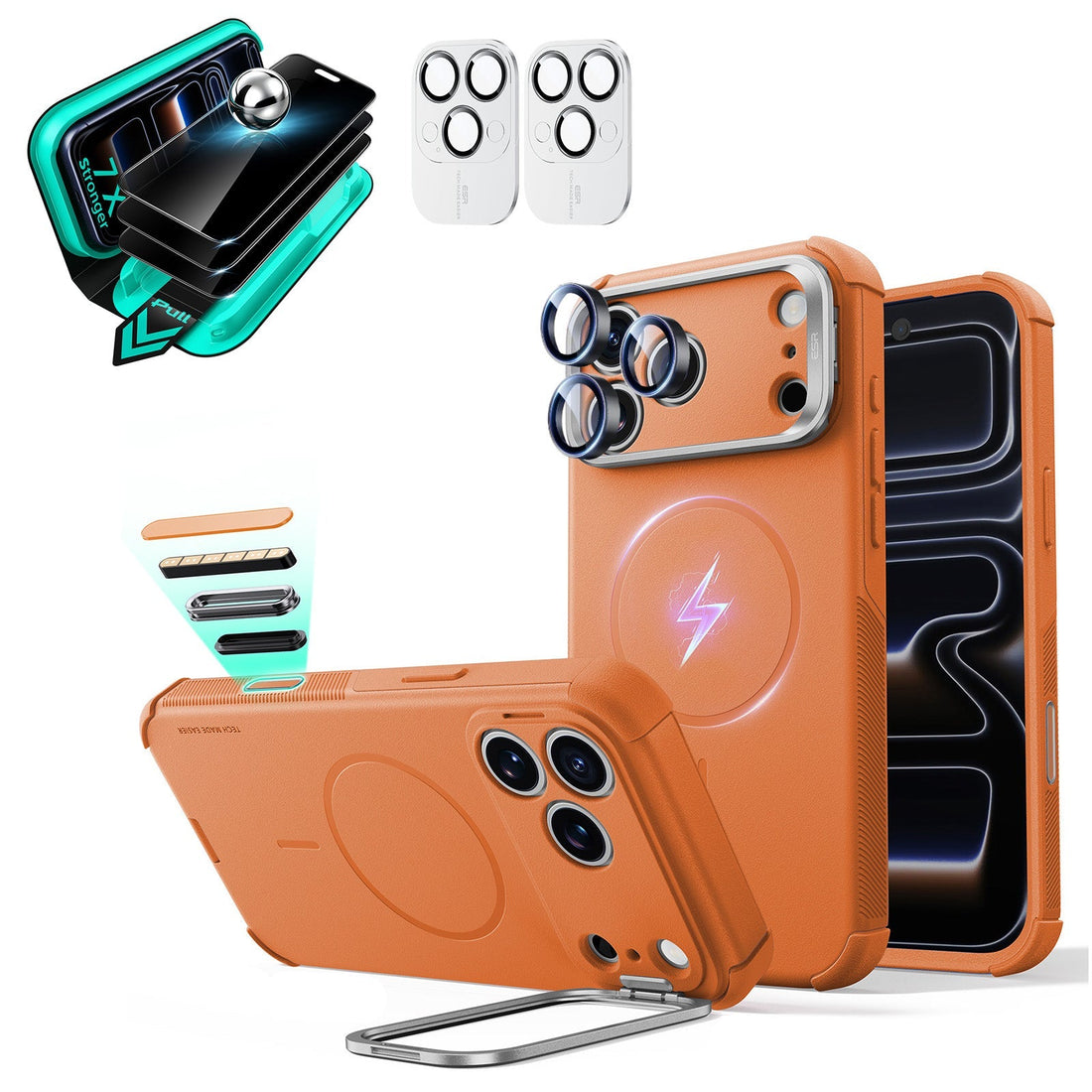 Orange iPhone 18 Pro Cyebr Tough Magsafe Phone Case with Stand pair tempered glass privacy screen protector and camera lens protector