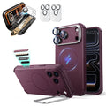 Burgundy iPhone 18 Pro Cyebr Tough Magsafe Phone Case with Stand pair corning glass  screen protector and camera lens protector