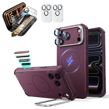 Burgundy iPhone 18 Pro Cyebr Tough Magsafe Phone Case with Stand pair corning glass  screen protector and camera lens protector