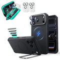 Black iPhone 18 Pro Cyebr Tough Magsafe Phone Case with Stand pair tempered glass screen protector and camera lens protector