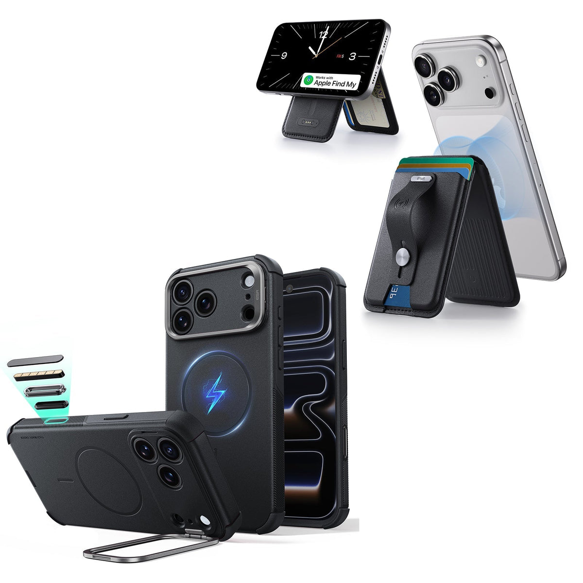 iPhone 18 Pro Cyber Tough Magnetic Case with Camera Control and Flex Stand, Plus Geo Wallet Stand Bundle - Black