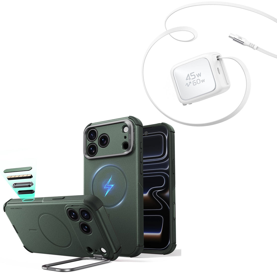 iPhone 18 Pro Cyber Tough Magnetic Case with Camera Control and Flex Stand, Plus Xtend 45W Retractable Charger Bundle - Olive Green