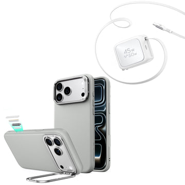 iPhone 18 Pro Max Atelier Vegan Leather Magnetic Case with Camera Control and Flex Stand, Plus Xtend 45W Retractable Charger Bundle - Gray