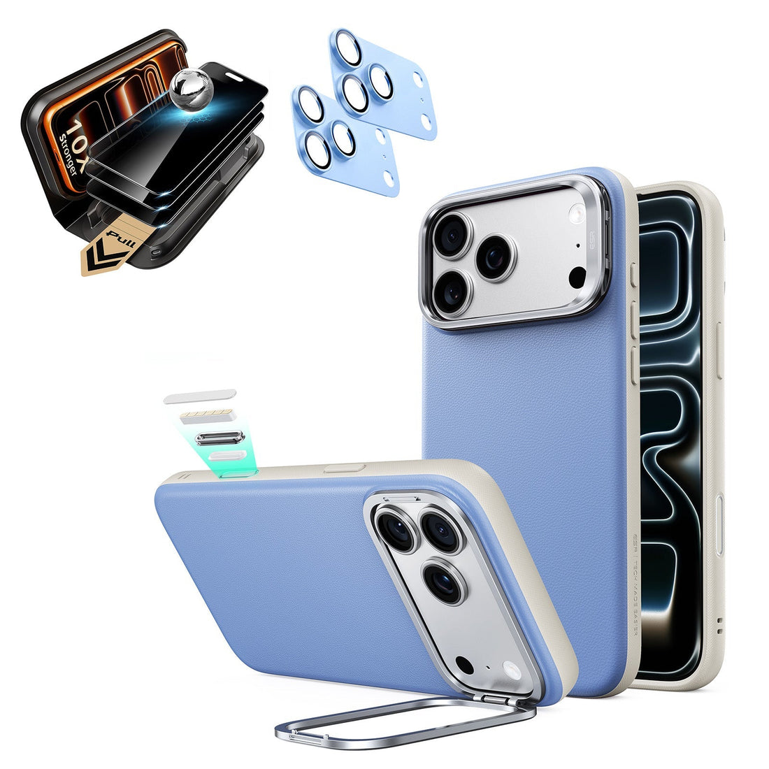 Misty Blue Vegan Leather iPhone 18 Pro Max Magsafe Phone Case with Stand pair corning glass privacy screen protector and camera lens protector