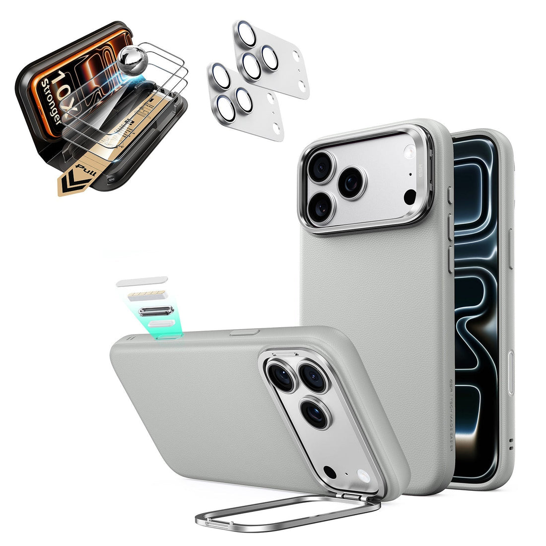 Gray Vegan Leather iPhone 18 Pro Max Magsafe Phone Case with Stand pair corning glass  screen protector and camera lens protector