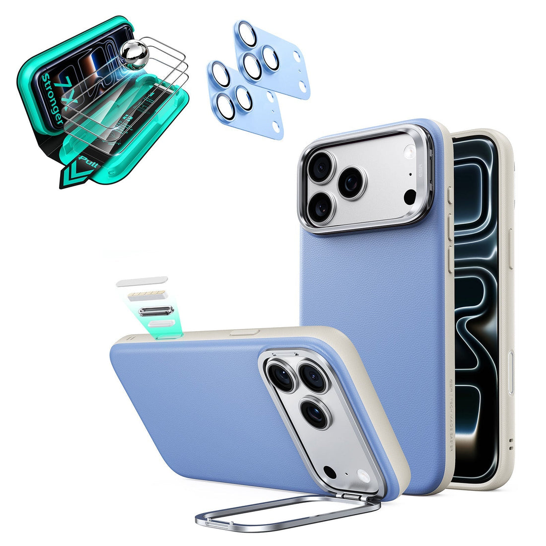 Blue Vegan Leather iPhone 18 Pro Max Magsafe Phone Case with Stand pair tempered glass screen protector and camera lens protector
