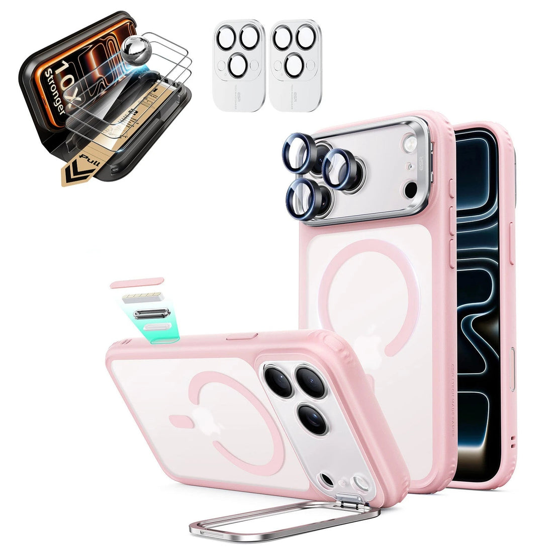 iPhone 18 Pro Max Bundle Classic Hybrid Magnetic Case with Camera Control and Flex Stand, Plus Armorite® Pro Screen Protector - Frosted Bubblegum Pink ESR ESR