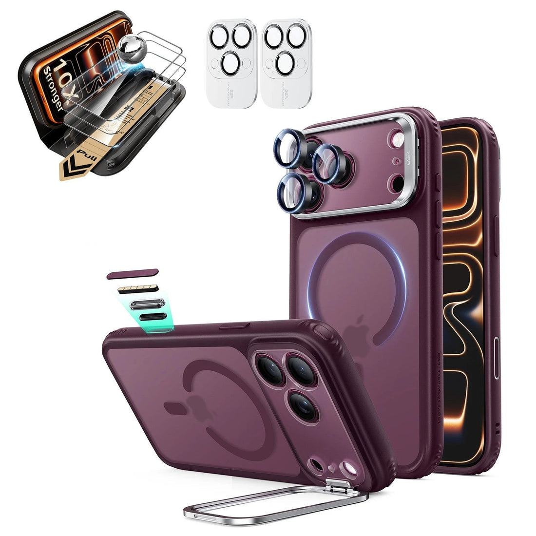 Frosted Burgundy iPhone 18 Pro Max Magsafe Slim Phone Case with Stand pair corning glass screen protector and camera lens protector