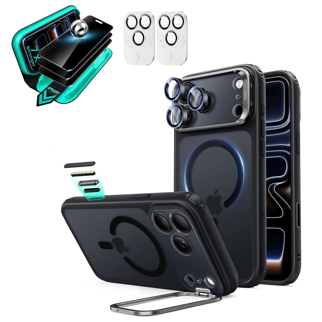 Frosted Black iPhone 18 Pro Max Magsafe Slim Phone Case with Stand pair tempered glass privacy screen protector and camera lens protector