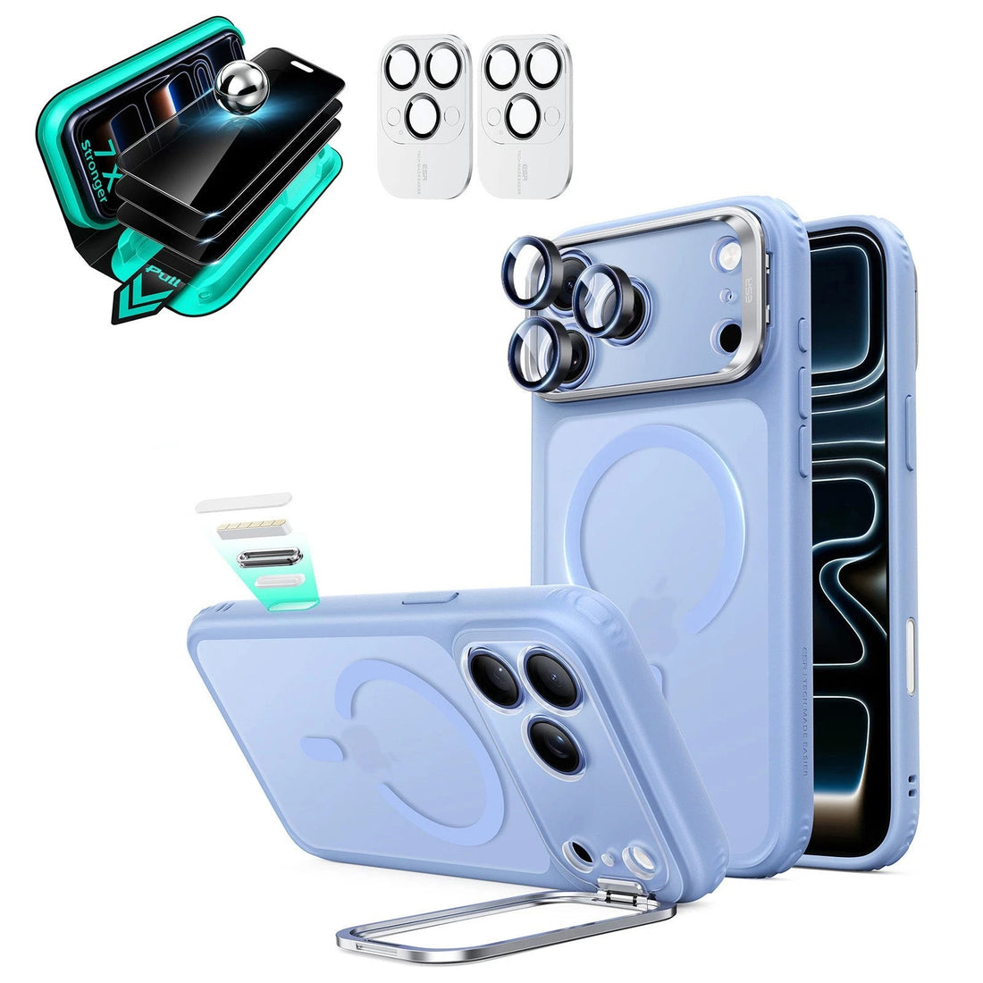 Frosted Misty Blue iPhone 18 Pro Max Magsafe Slim Phone Case with Stand pair tempered glass privacy screen protector and camera lens protector