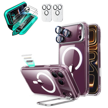 Clear iPhone 18 Pro Max Magsafe Slim Phone Case with Stand pair tempered glass screen protector and camera lens protector