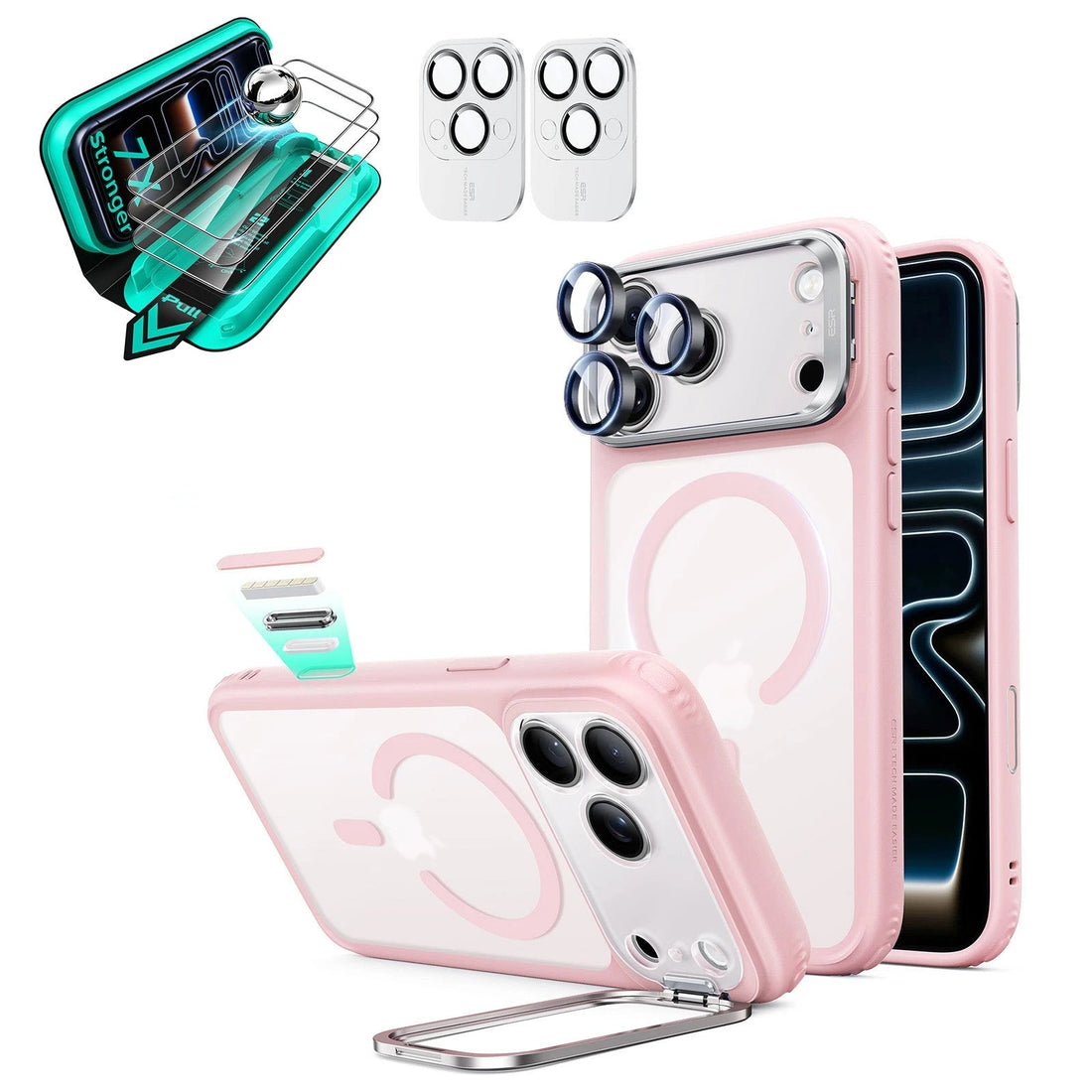 Frosted Pink Phone 18 Pro Max Magsafe Slim Phone Case with Stand pair tempered glass screen protector and camera lens protector