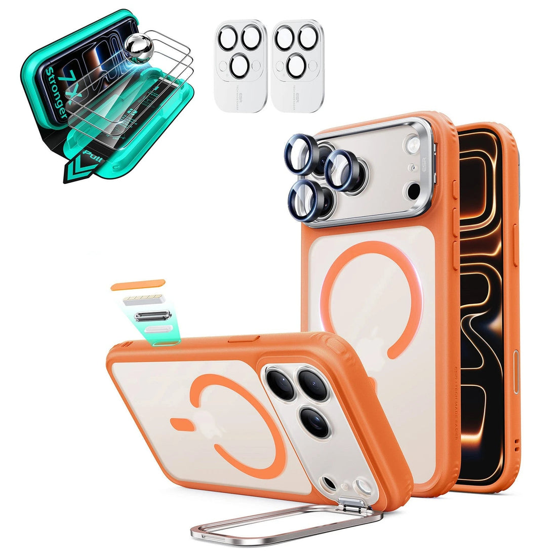 Frosted Orange iPhone 18 Pro Max Magsafe Slim Phone Case with Stand pair tempered glass screen protector and camera lens protector