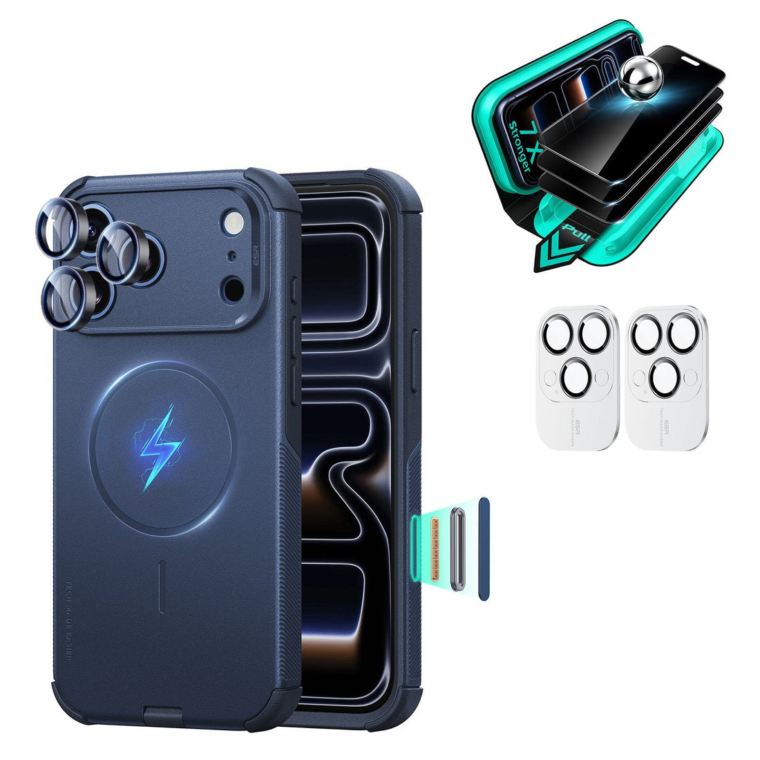 Navy Blue iPhone 18 Pro Max Cyber Tough Magsafe Case  with armorite tempered glass privacy screen protector and camera lens protector