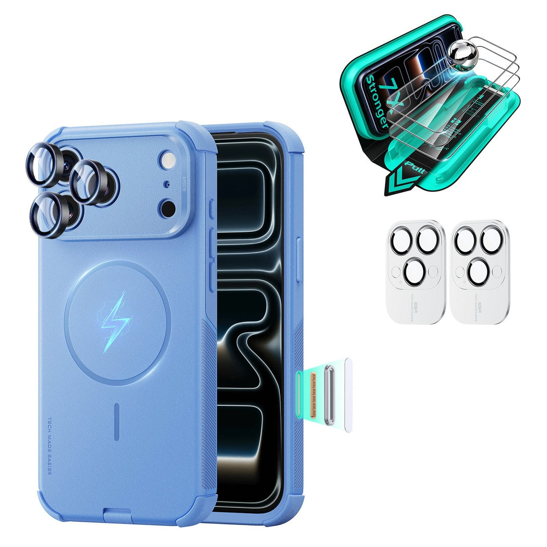 Misty Blue iPhone 18 Pro Cyber Tough Magsafe Case  with armorite tempered glass screen protector and camera lens protector