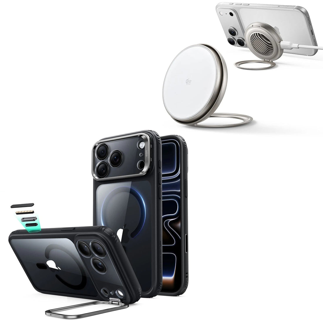 iPhone 18 Pro Max Classic Hybrid Magnetic Case with Camera Control and Flex Stand, Plus Cyclone 25W Magnetic Charging Pad Bundle - Clear Black