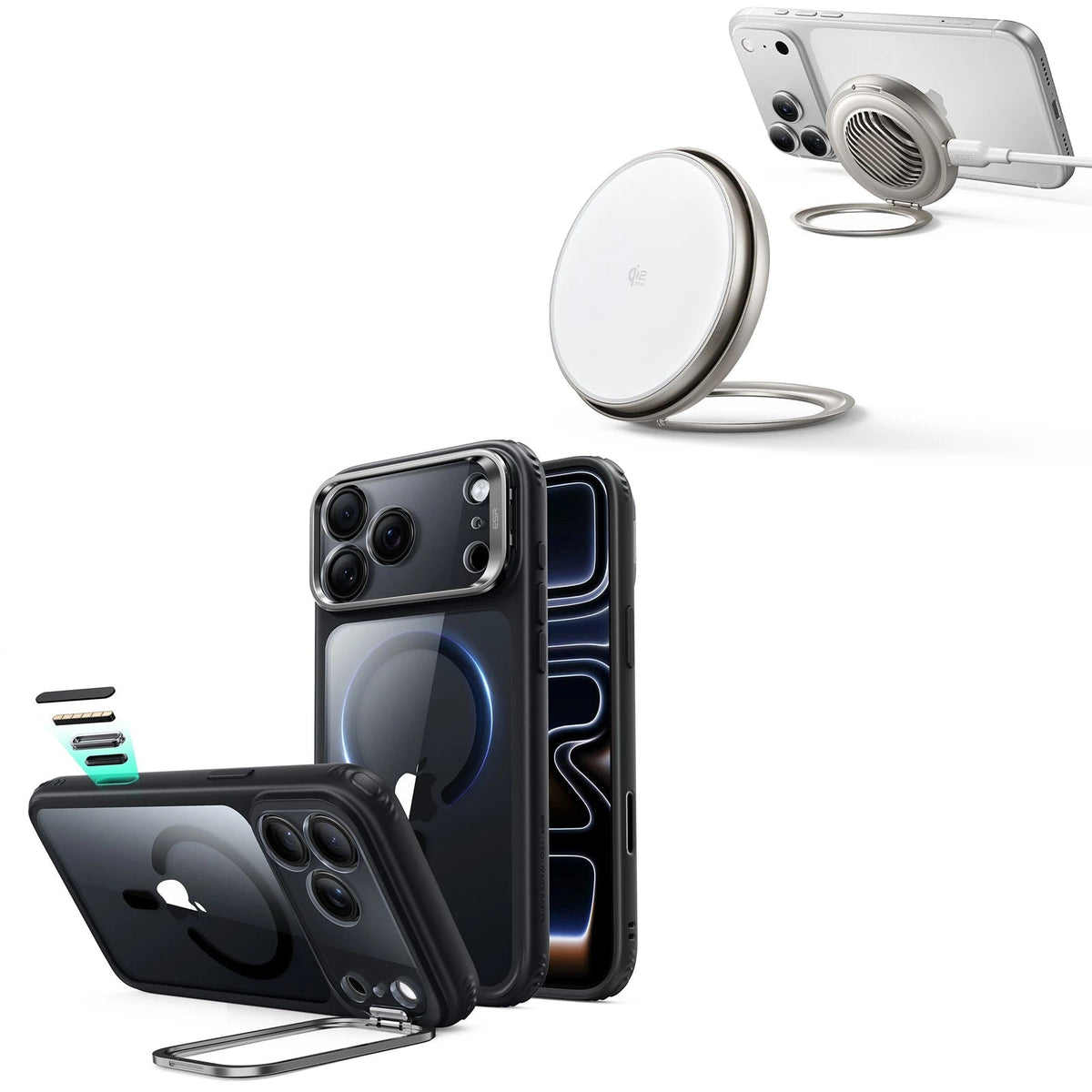 iPhone 18 Pro Max Classic Hybrid Magnetic Case with Camera Control and Flex Stand, Plus Cyclone 25W Magnetic Charging Pad Bundle - Clear Black