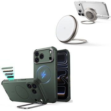 iPhone 18 Pro Max Cyber Tough Magnetic Case with Camera Control and Flex Stand, Plus Cyclone 25W Magnetic Charging Pad Bundle - Olive Green