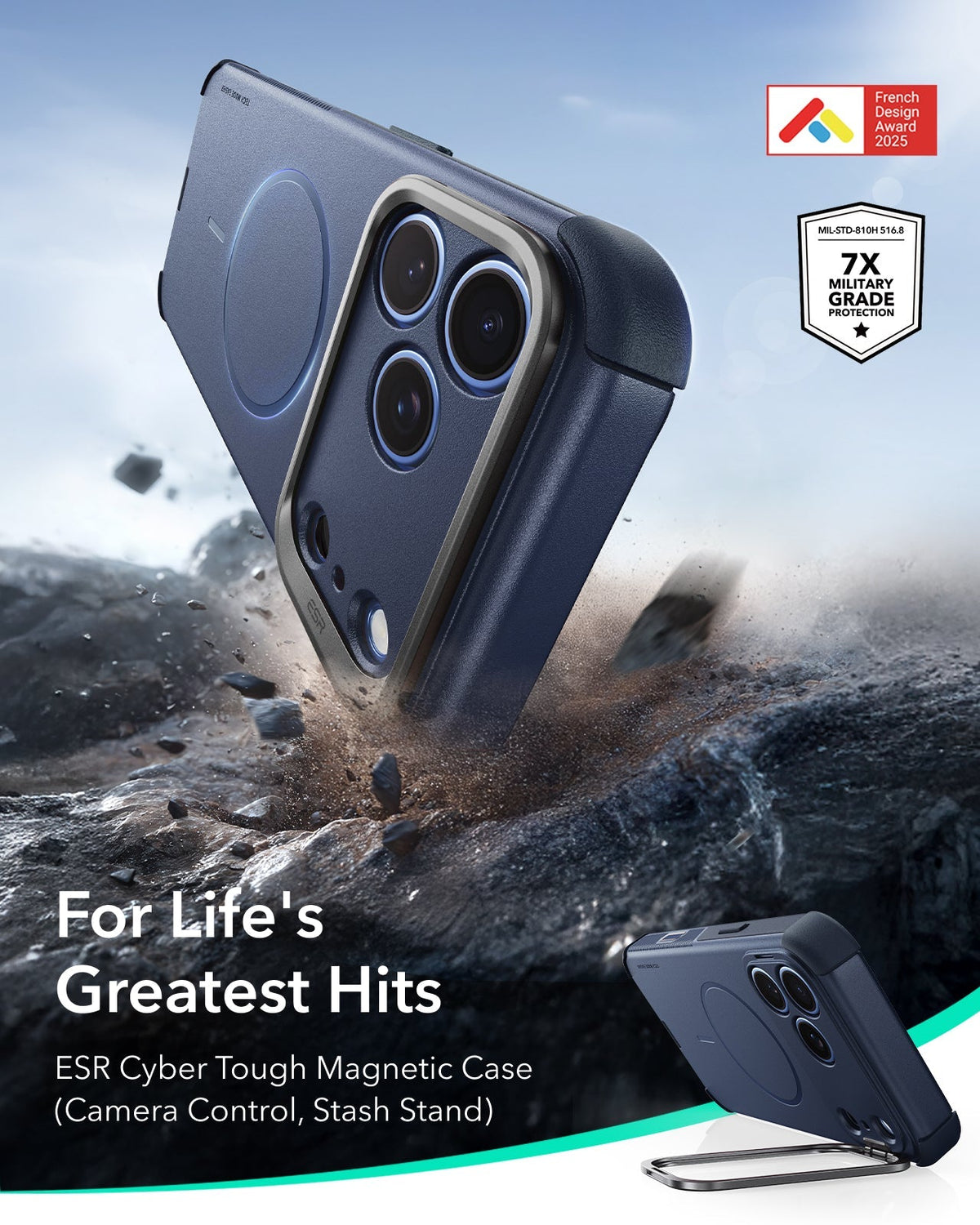 ESR Navy Blue iPhone 18 Pro Tough Phone Case Magsafe with Stand For Life's Greatest Hits