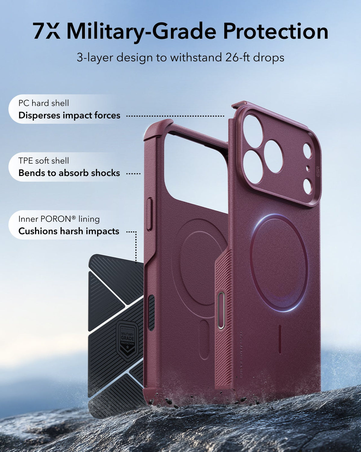 ESR Deep Burgundy iPhone 18 Pro Max Case Tough Phone Case with Magsafe 7X Military-Grade Protection