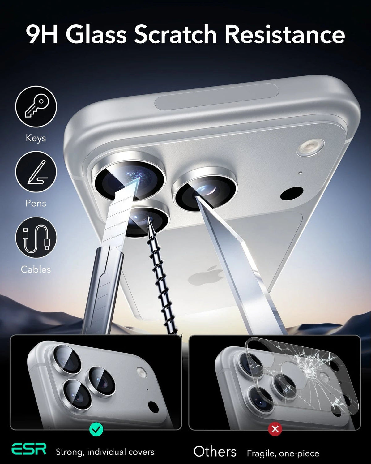 ESR Silver iPhone 18 Pro/Pro Max Armorite Camera Lens Protector 9H Glass Scratch Resistance