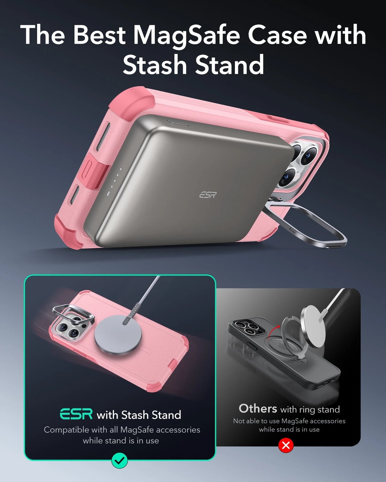 iPhone 13 Pro Max Cyber Tough Magnetic Case (Stash Stand) - Pink ESR ESR