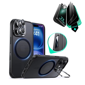 iPhone 16 Classic Hybrid Magnetic Case (Camera Control, Stash Stand) & Privacy Screen Protector Bundle - Frosted Black ESR ESR