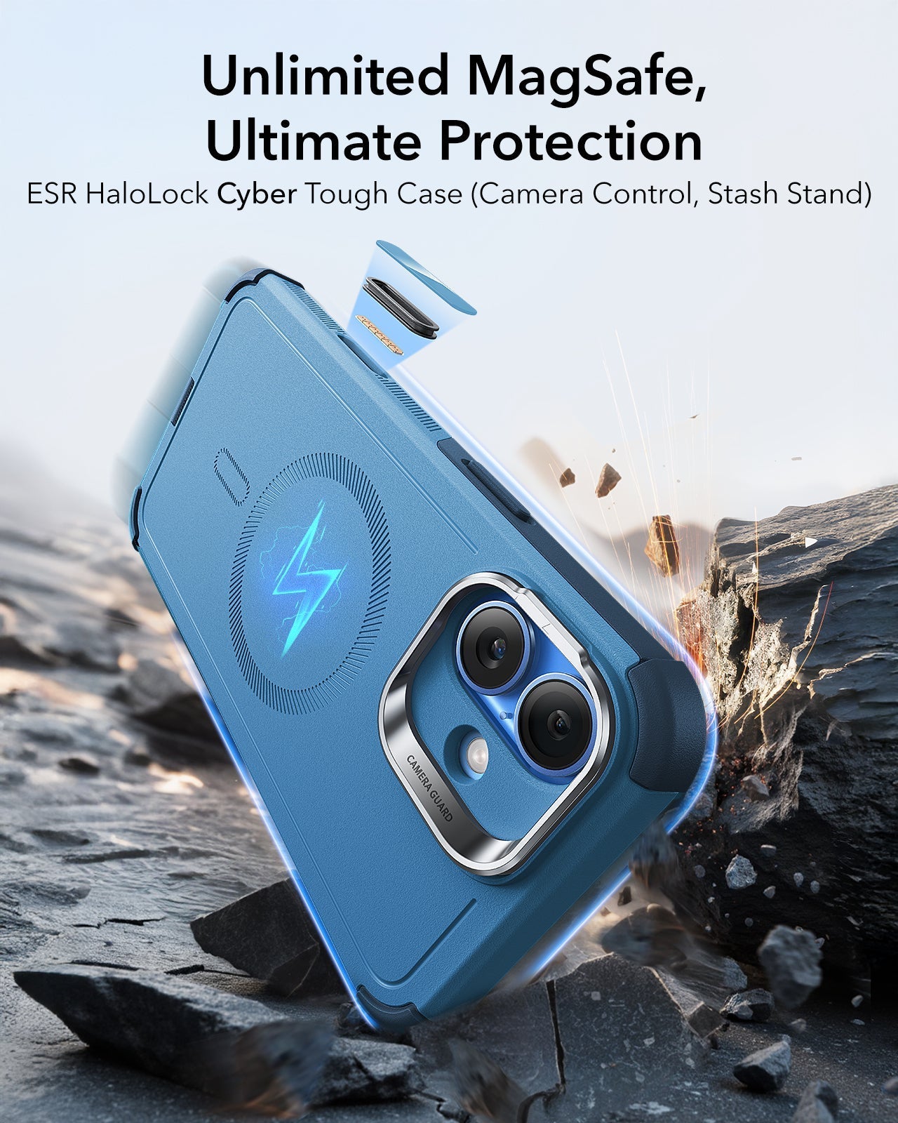 iPhone 16 Cyber Tough Magnetic Case (Camera Control, Stash Stand) - Light Blue ESR ESR