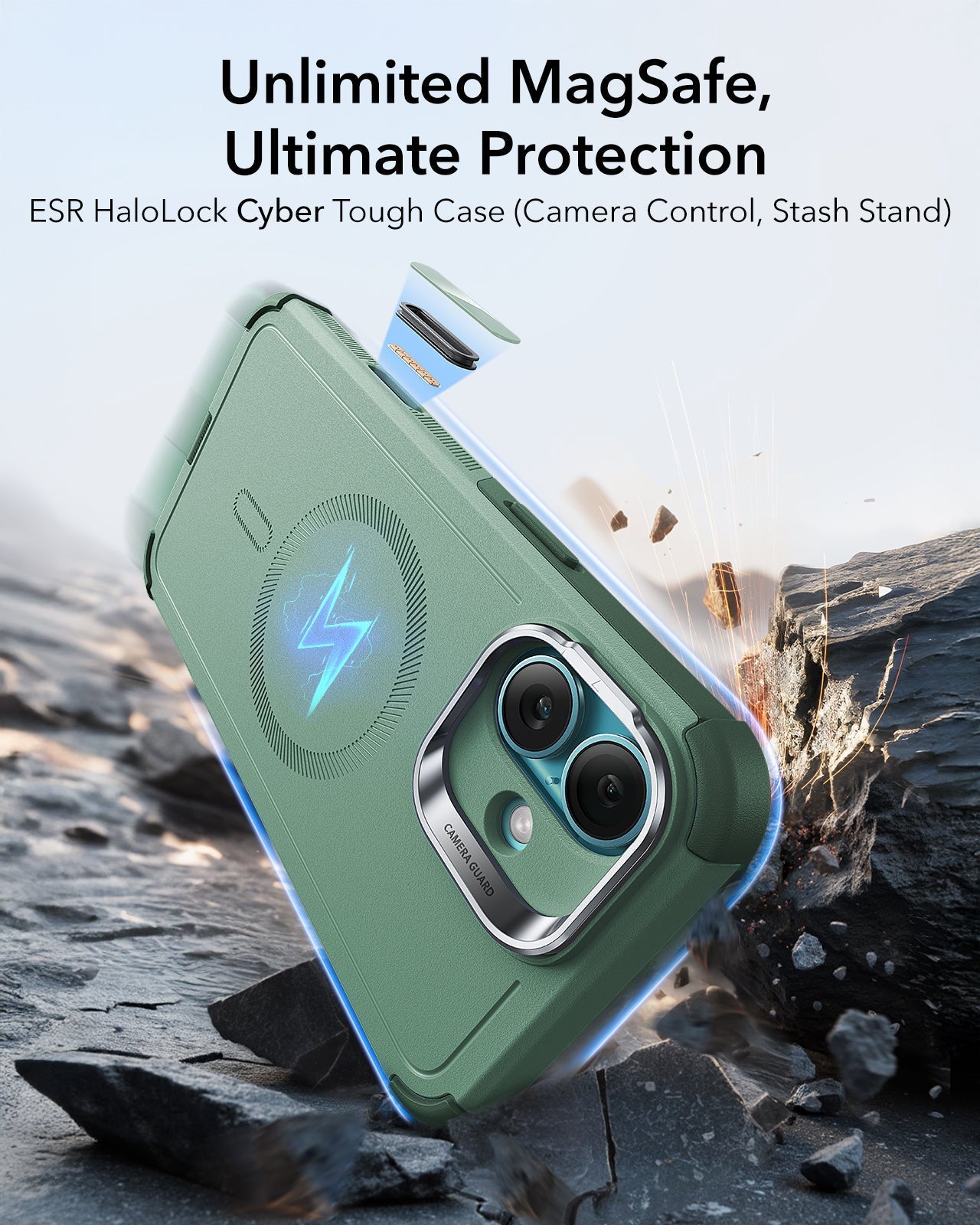 iPhone 16 Cyber Tough Magnetic Case (Camera Control, Stash Stand) - Light Green ESR ESR