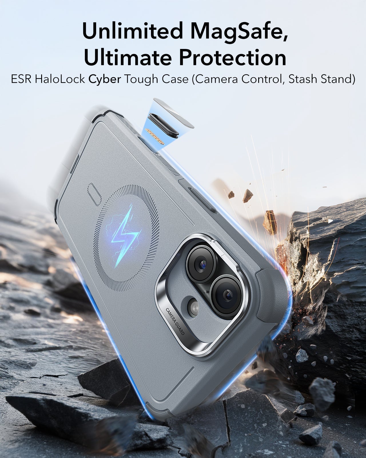 iPhone 16 Cyber Tough Magnetic Case (Camera Control, Stash Stand) - Light Grey ESR ESR