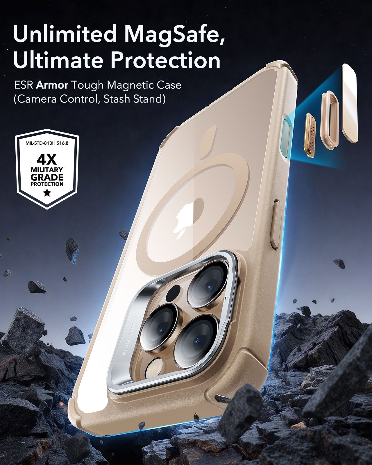iPhone 16 Pro Armor Tough Magnetic Case (Camera Control, Stash Stand) - Desert Titanium ESR ESR
