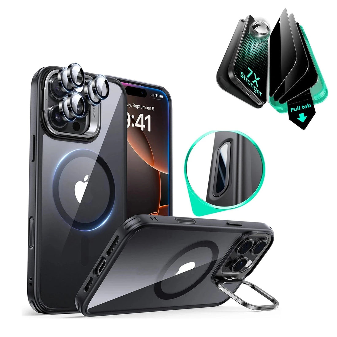 iPhone 16 Pro Classic Hybrid Magnetic Case (Camera Control, Stash Stand) & Privacy Screen Protector Bundle - Clear Black ESR ESR