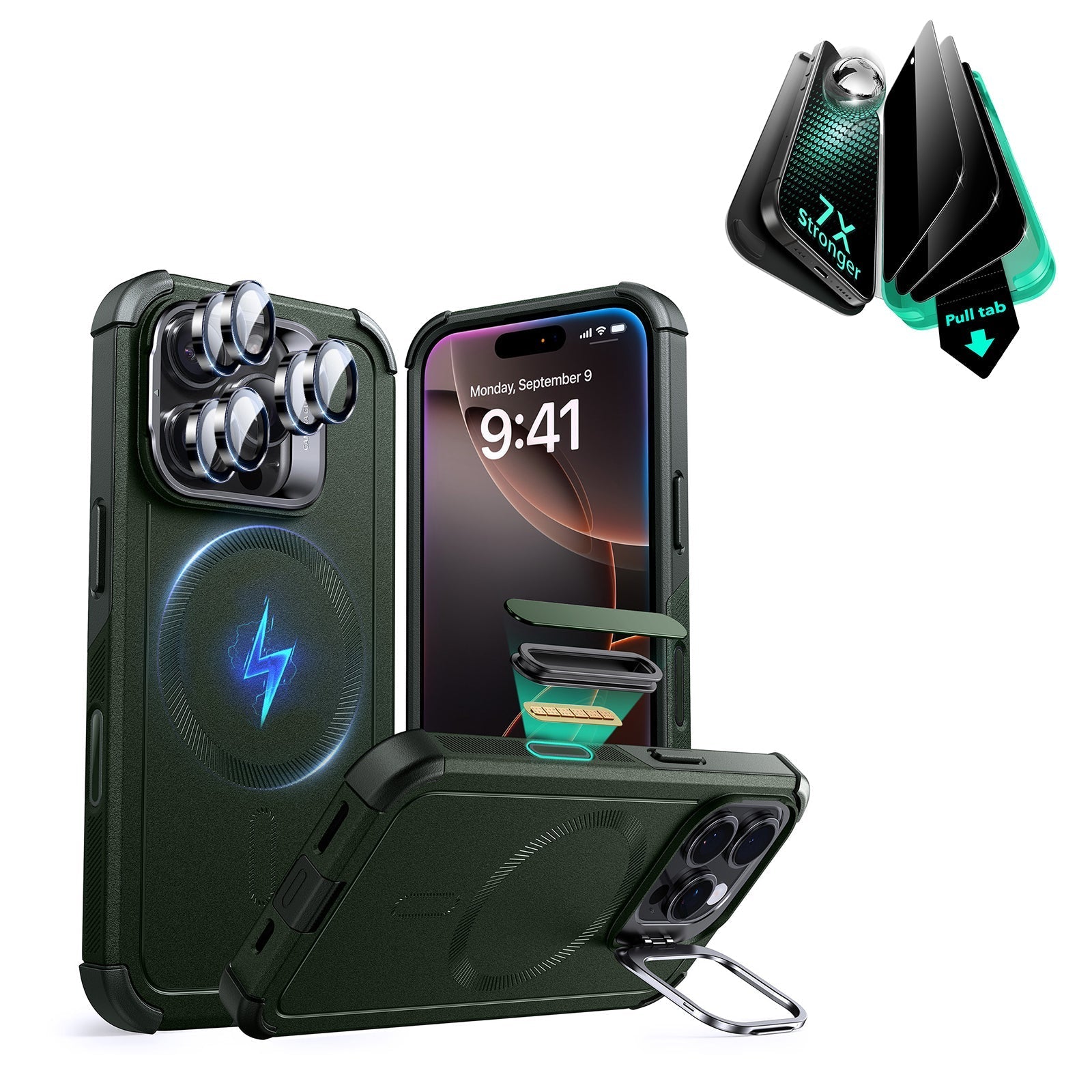 iPhone 16 Pro Cyber Tough Magnetic Case Privacy Protection Bundle (Camera Control, Stash Stand) - Army Green ESR ESR
