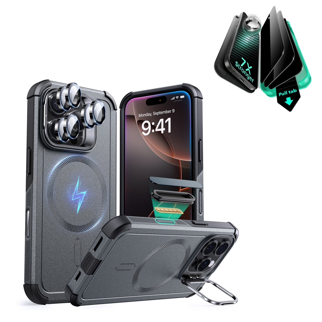 iPhone 16 Pro Cyber Tough Magnetic Case Privacy Protection Bundle (Camera Control, Stash Stand) - Grey ESR ESR