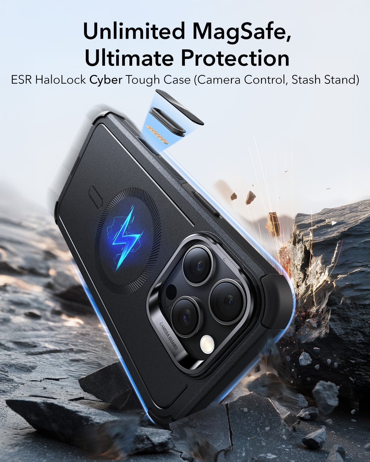 iPhone 16 Pro Cyber Tough Magnetic Case Protection Bundle (Camera Control, Stash Stand) - Black ESR ESR