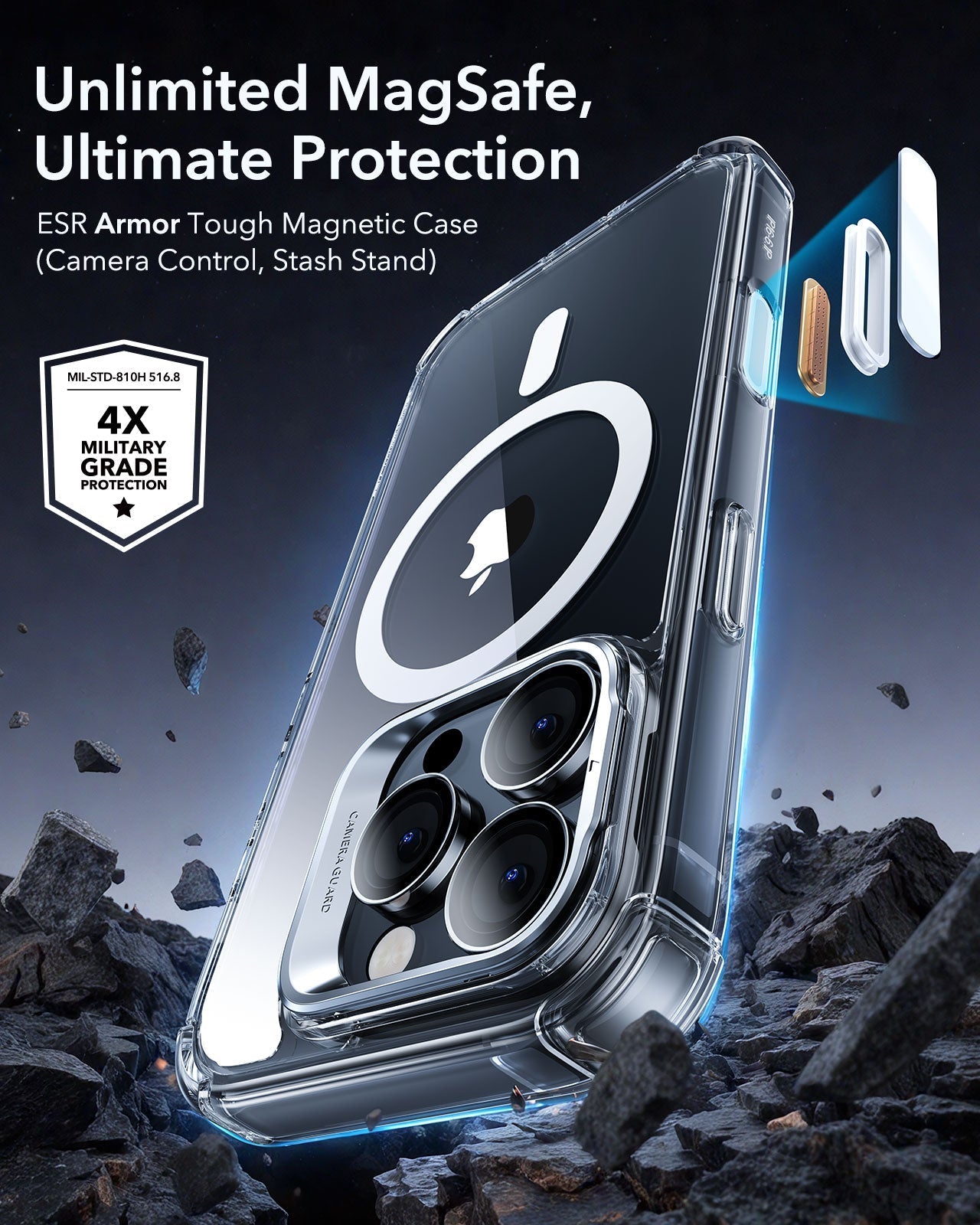 iPhone 16 Pro Max Armor Tough Magnetic Case (Camera Control, Stash Stand) - Clear ESR ESR