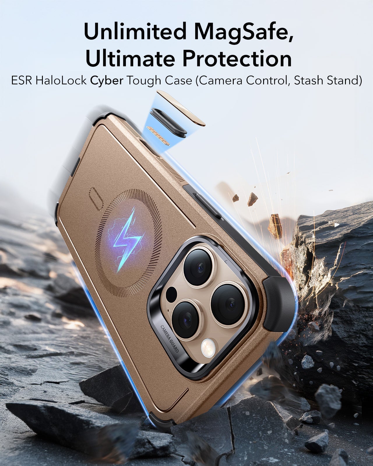 iPhone 16 Pro Max Cyber Tough Magnetic Case (Camera Control, Stash Stand) - Desert Titanium ESR ESR