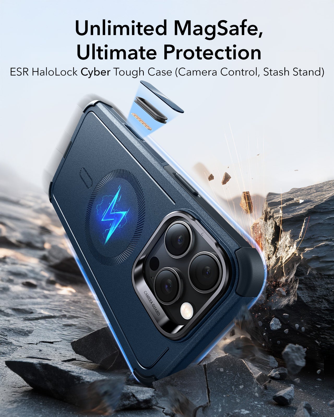 iPhone 16 Pro Max Cyber Tough Magnetic Case (Camera Control, Stash Stand) - Navy Blue ESR ESR
